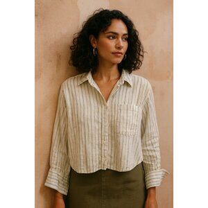 Banana Republic 100% Linen Striped Cropped Button-Up Shirt Women’s S Blue White